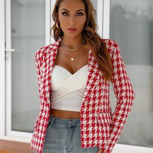 Women's Houndstooth Red and White Blazer